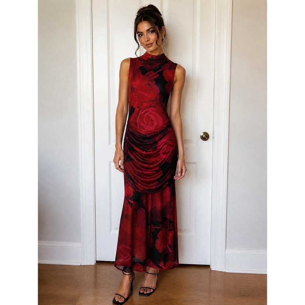 Sincerely Jules Ruched Orchid Floral Mesh Black/Red Mock Neck Maxi Dress - Small